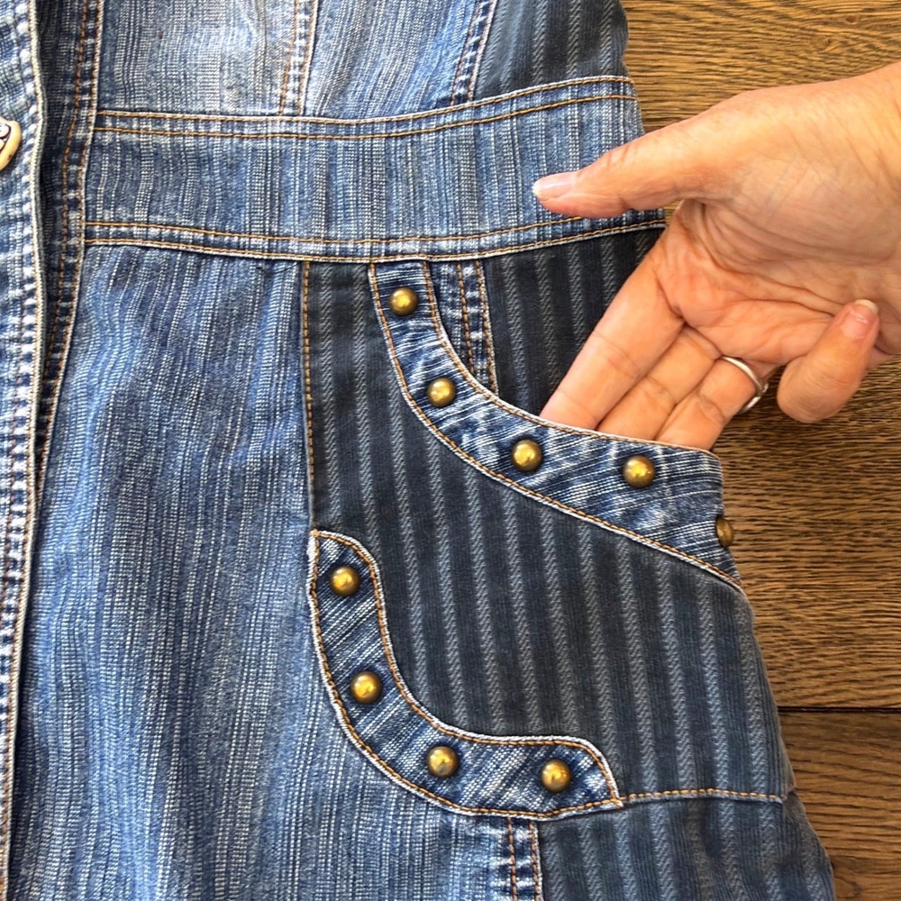 Shufa Blue Denim Striped Corduroy Studded Hooded Short Sleeve Jacket Size 42 - Picture 9 of 16